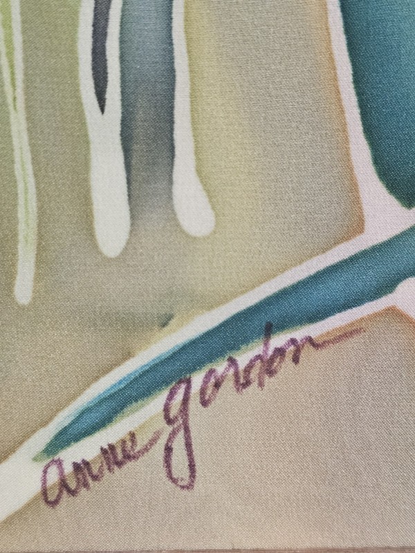 Signed Original Ink on Silk Painting- Irises on Silk by Anne Gordon- Framed gallery