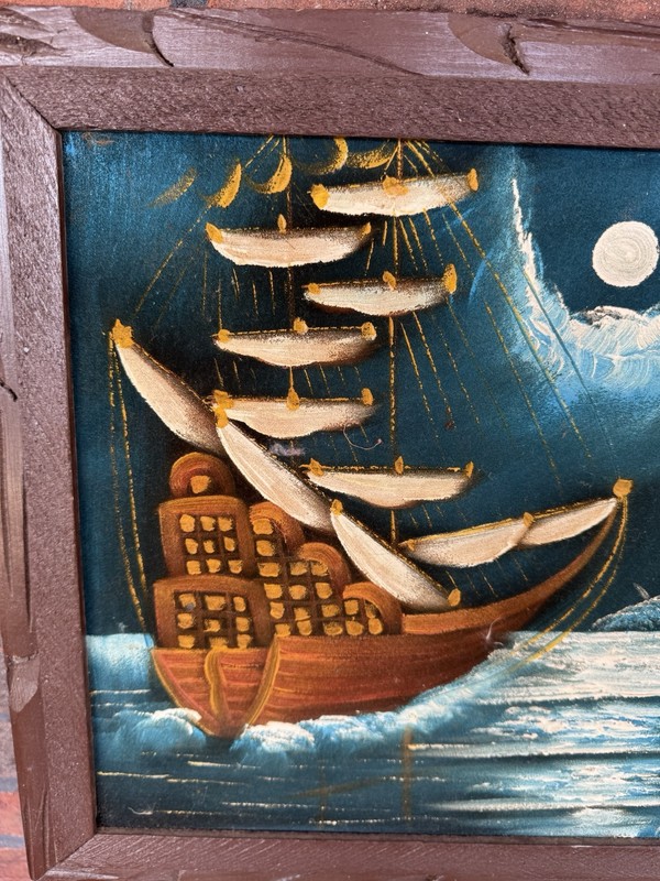 Vintage Wall Art Oil Painting on Black Velvet Ship Moon Night Sky Frame 21" x 15