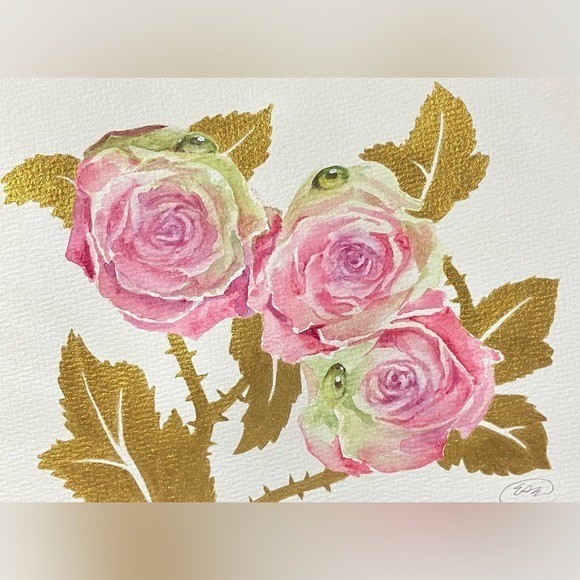 Original Pink Roses painting Watercolor Valentine Art Gold Leaves Artettina USA