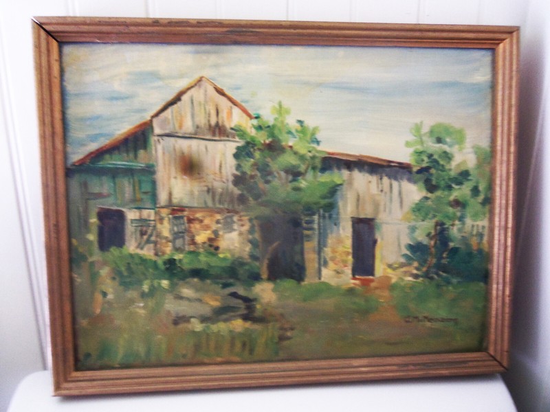 Fine Old Oil on Artist Board Rustic Barn Painting, G McMenamy 1930s -1940s