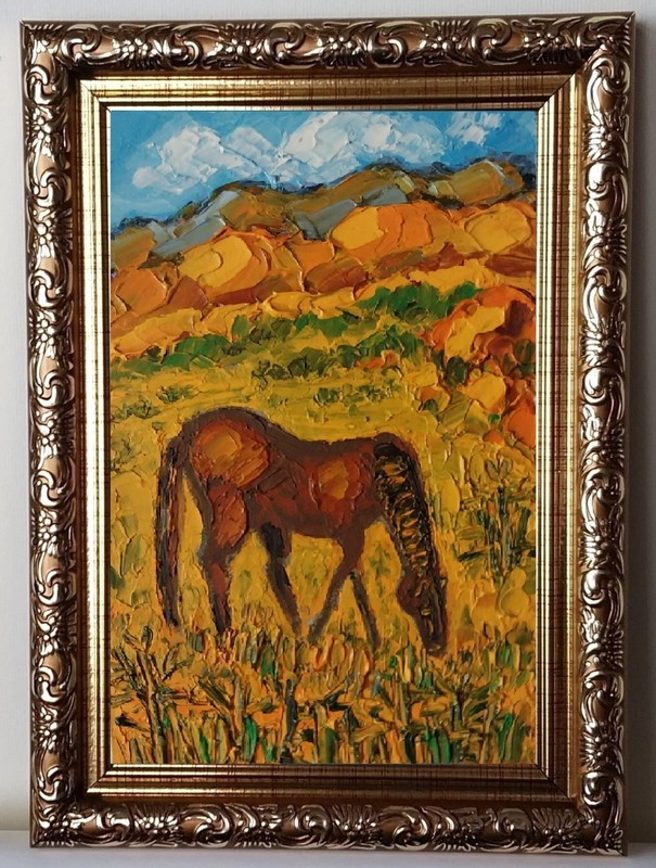 Framed Grazing Horse Art Southwest Desert Landscape 4×6” Oil Painting Original