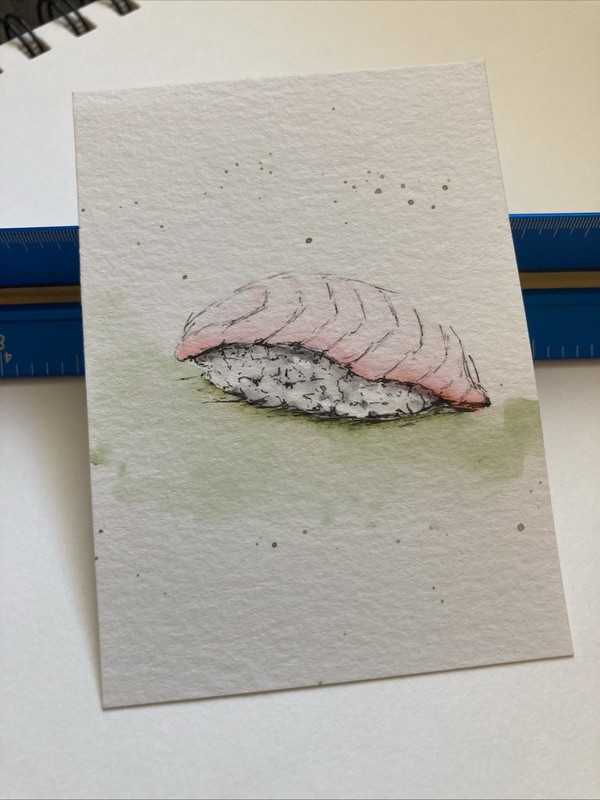 ACEO Original Watercolor Painting ATC OOAK Sushi Nigiri Tai Red Snapper gallery