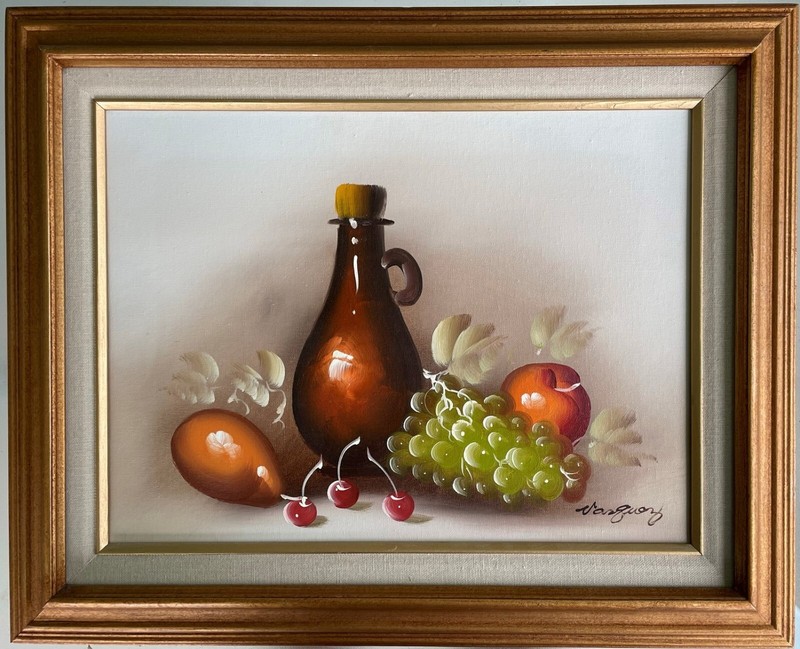 Signed Oil Painting Still Life Objects On Table Fruit & Wine