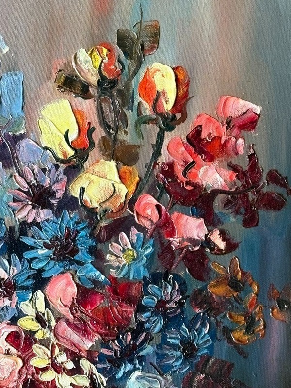 Iolanda Rizzo Prag Signed Impressionist MCM Impasto Oil Painting Floral Design gallery