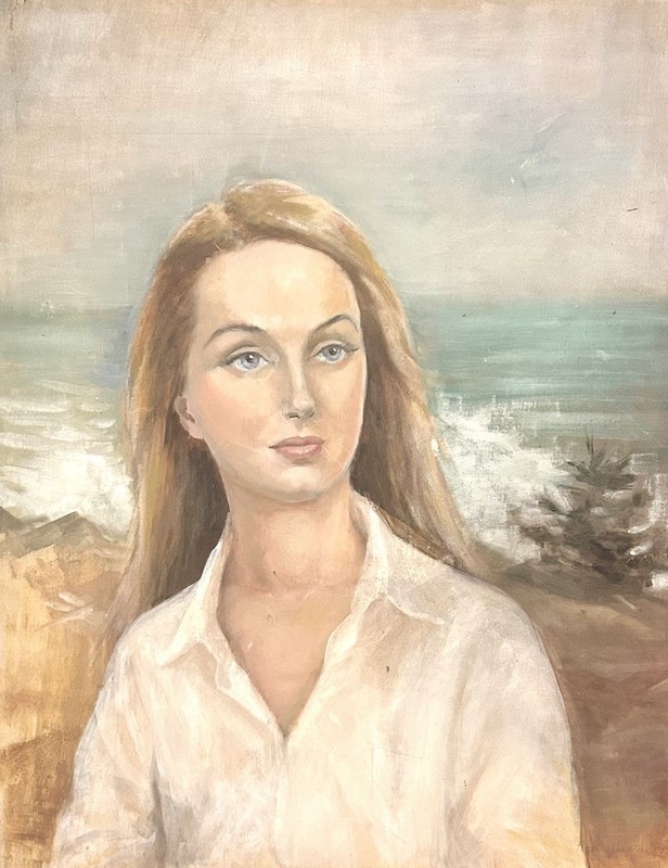 Vtg 60s 70s Painting Portrait beautiful lady On Beach Priscilla Harris «Carolyn»