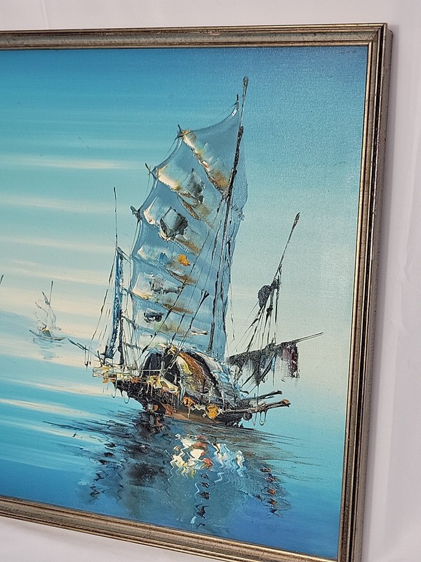 OIL ON CANVAS Asian Junk Fishing Boats Nautical Painting By SAM CHENG 25"x 19" gallery