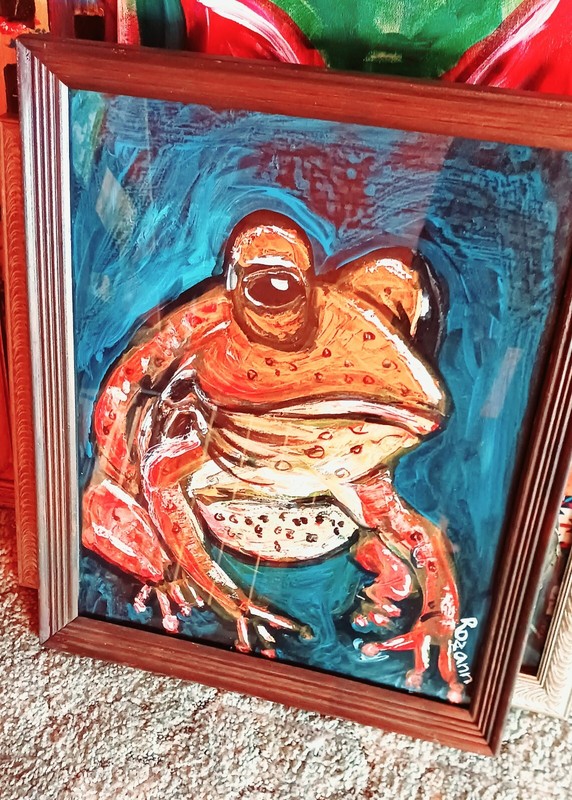FROG, ACRYLIC PAINTING, STRETCHED CANVAS. FRAMED, 18.5X23,