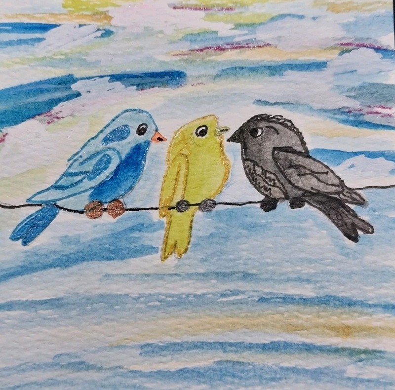 Original Painting Birds On Wire 4×4 Inch Whimsical Animals Art Signed Nature