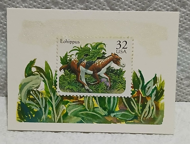 Postal Whimsy ACEO OOAK 32c Saber Tooth Cat Stamp Prehistoric Mountain Art