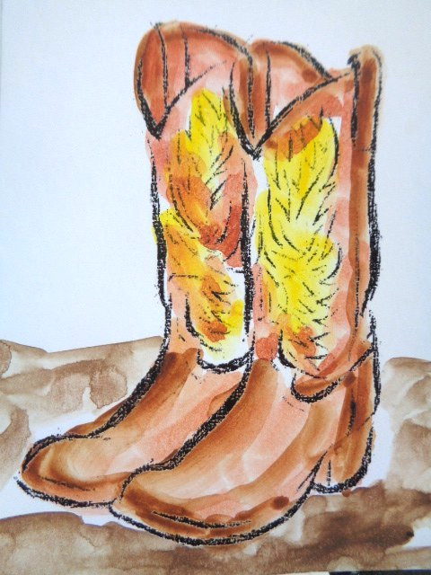 ACEO Western COUNTRY FARM COWBOY BOOTS Painting