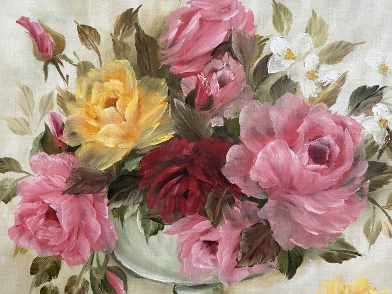 Original Oil Painting Floral Still Life Roses Signed Dated 1981 20x16 Unframed gallery