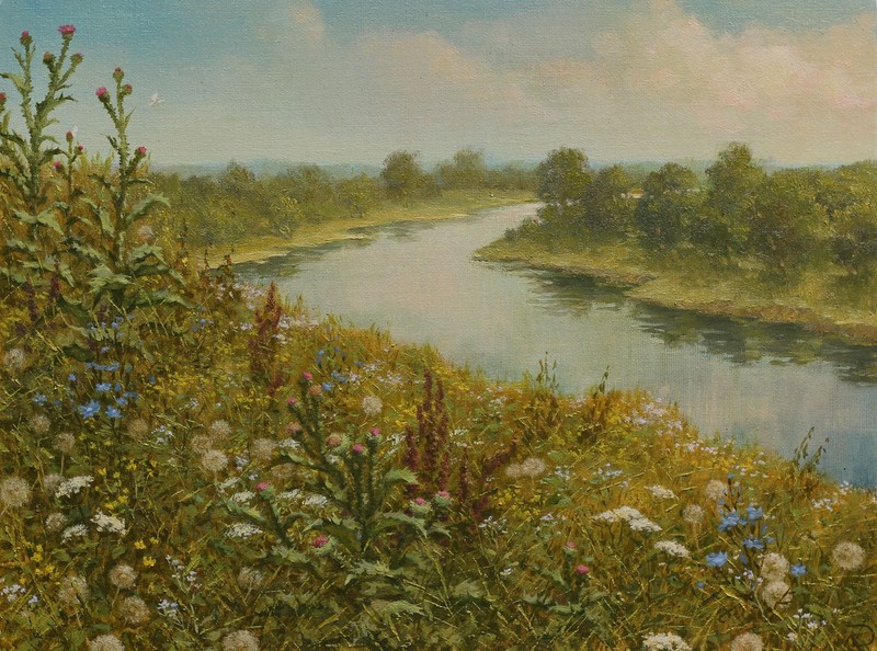 Original Summer Landscape Oil Painting Meadow Flowers Lake Impressionist Art