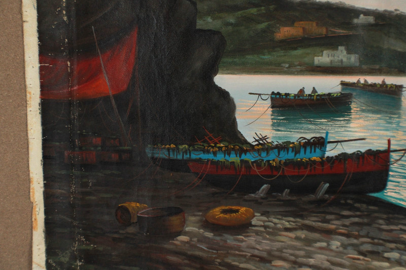 Antique Seascape With Boats And Mountains Scene Oil Painting Singed G. Levre gallery