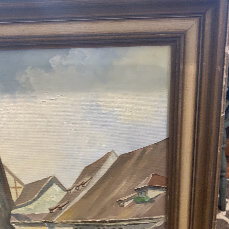 German Dutch Oil Painting Vintage 23x19 Hudson’s 1964 Mailman Cityscape Rare gallery