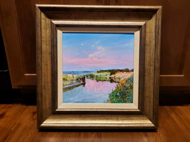 Original Oil Painting «Pink Sunset» – Framed Landscape – Oil on Canvas 20 x 20in
