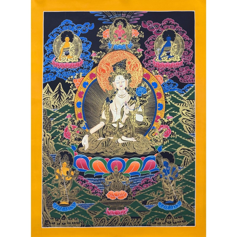 107cmx80cm White Tara Thangka Painting, Bodhisattva of Longevity, Dholkar
