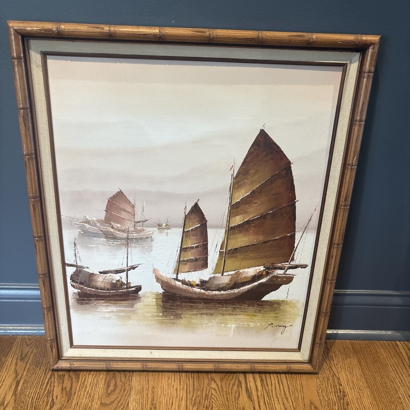 Vintage P. Wong Oil on Canvas Framed Chinese Junk Boat Ship Painting 24″x27”