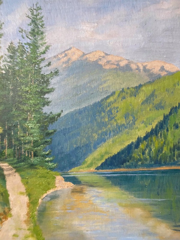 Oil Painting Sign Rotter 1924 IN Morgengrauen At Achensee With Mountain gallery