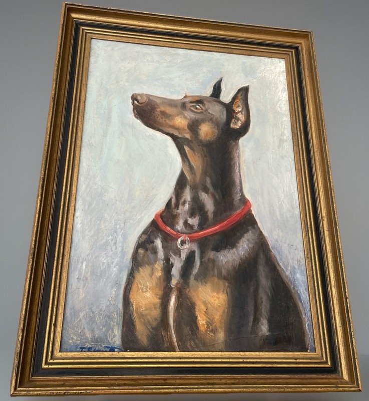 Framed Oil On Canvas 17×23 Artist Signed T. Bennett Portrait Doberman Pinscher