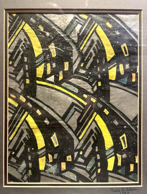 Rose L Stern 1928 Modernist Cityscape Painting Mixed Media Art Deco Futurist
