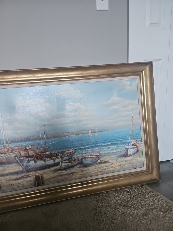 VTG Oil Painting Boat Lake Harbor Scene L.MANNET ARTWORK 24"×36" Frame 43×31 gallery