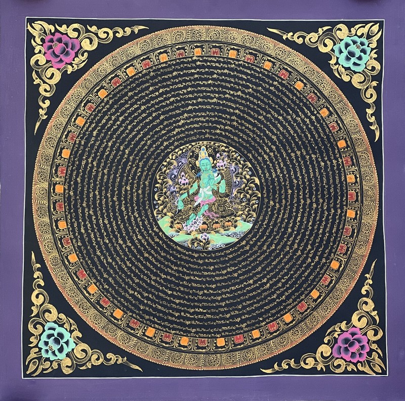 GREEN TARA OM MANI PADME HUM MANTRA MANDALA ORIGINAL TIBETAN THANGKA PAINTING