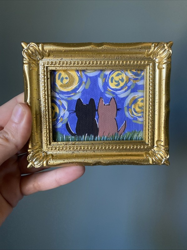 PRINT Van Gogh Cats Night Cute,funny, Painting,framed,miniature,small,mini