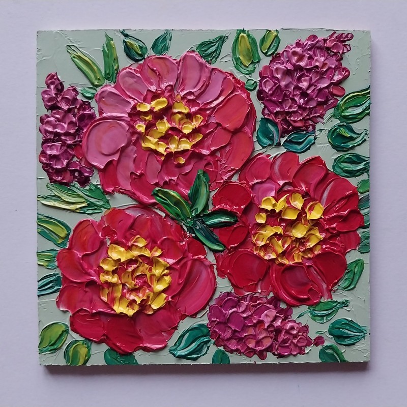 Framed Peony Lilac Flowers Bouquet Floral Art 4x4” Impasto Oil Painting Original gallery