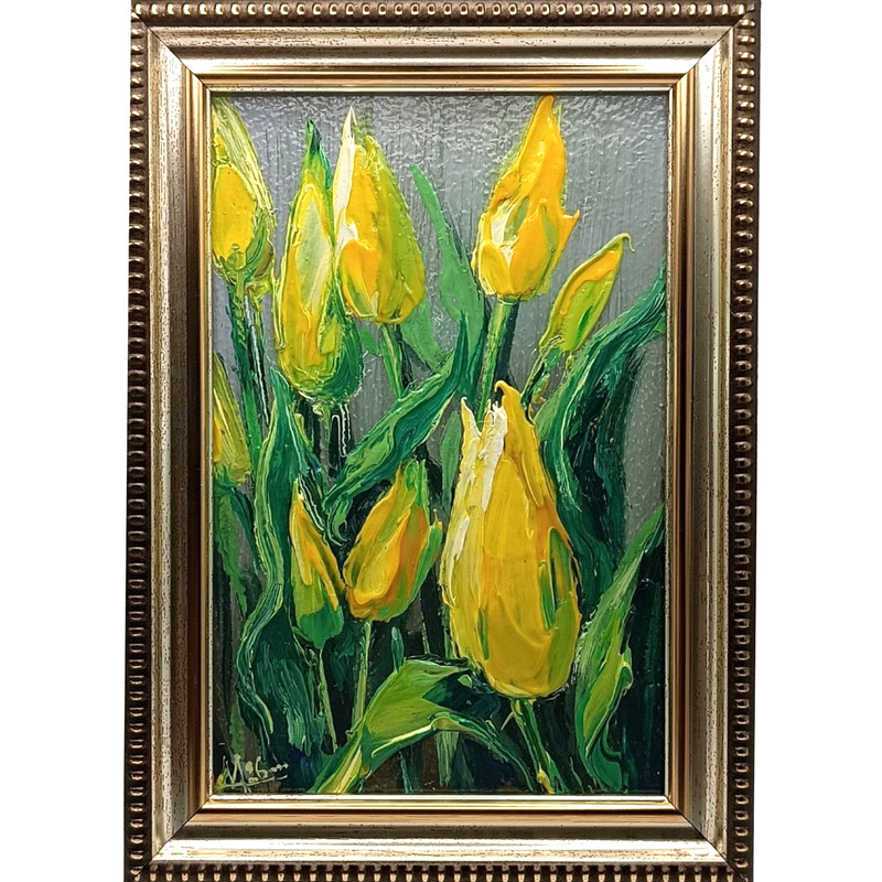 Original Oil Painting Yellow Tulips Floral Miniature 4×6 Impasto Small Art