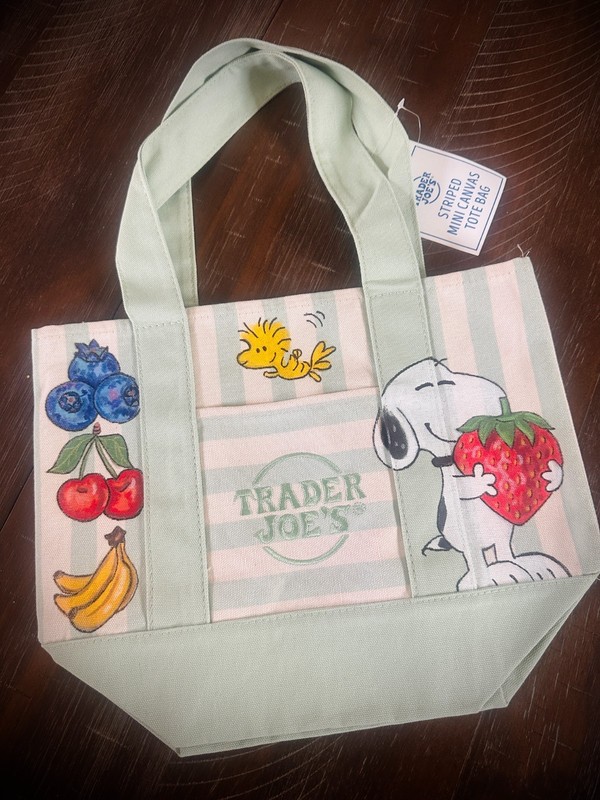 Hand Painted Trader Joe’s Mini Striped Tote Bag «SNOOPY FRUIT» Canvas (Green)