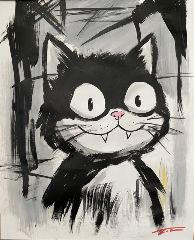 Black White Tuxedo Cat Abstract Expressionist Acrylic Original Art 14x11 Paper gallery