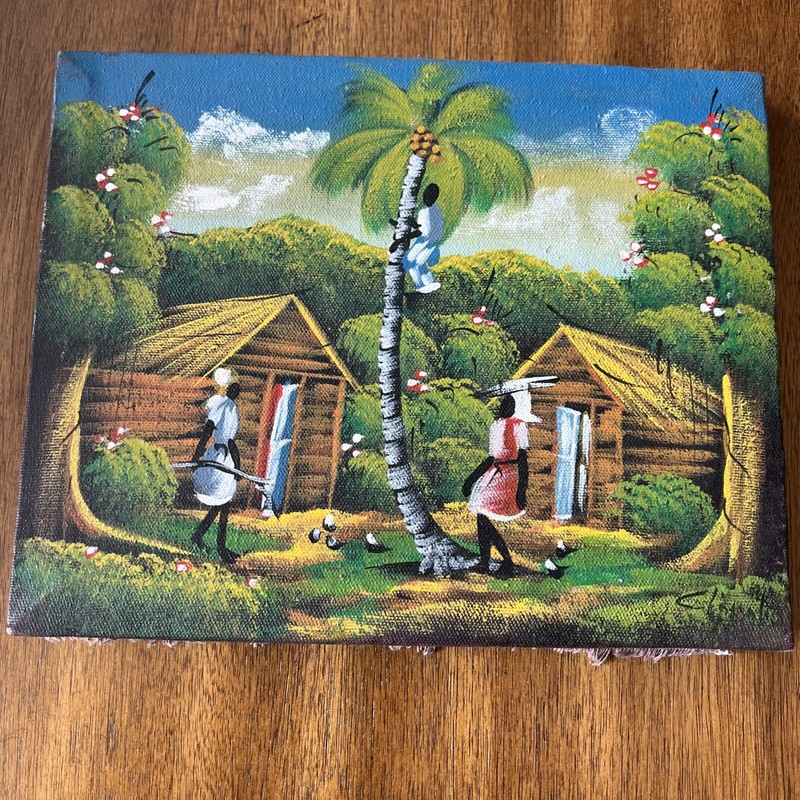 2 Vintage Haitian Genre Oils of wooden huts with people working illegibly signed gallery