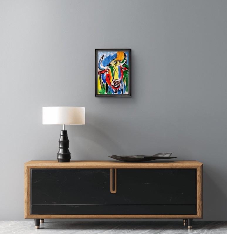 Original Abstract Painting Buffalo Canvas Neo Expressionist Fine Art Decor 9x12 gallery