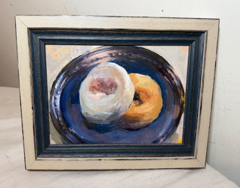 Original expressionism Stefanie Lalor 2 donuts still life oil painting on board
