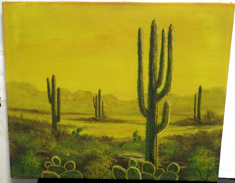 H. PEIEKS ORIGINAL OIL ON CANVAS CACTUS DESERT MOUNTAIN LANDSCAPE PAINTING