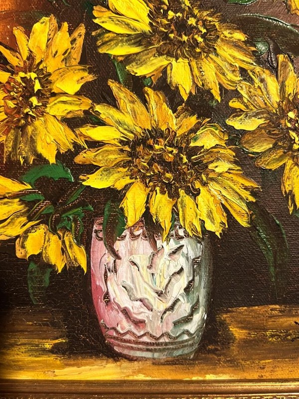 Vintage Oil Painting Floral Still Life Sunflowers Flowers Artist Signed Howard gallery