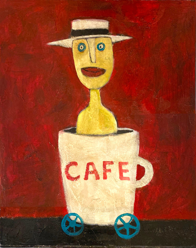 Tim Weldon Original Oil Painting «Cafe» Folk/Outsider Art San Francisco Decor
