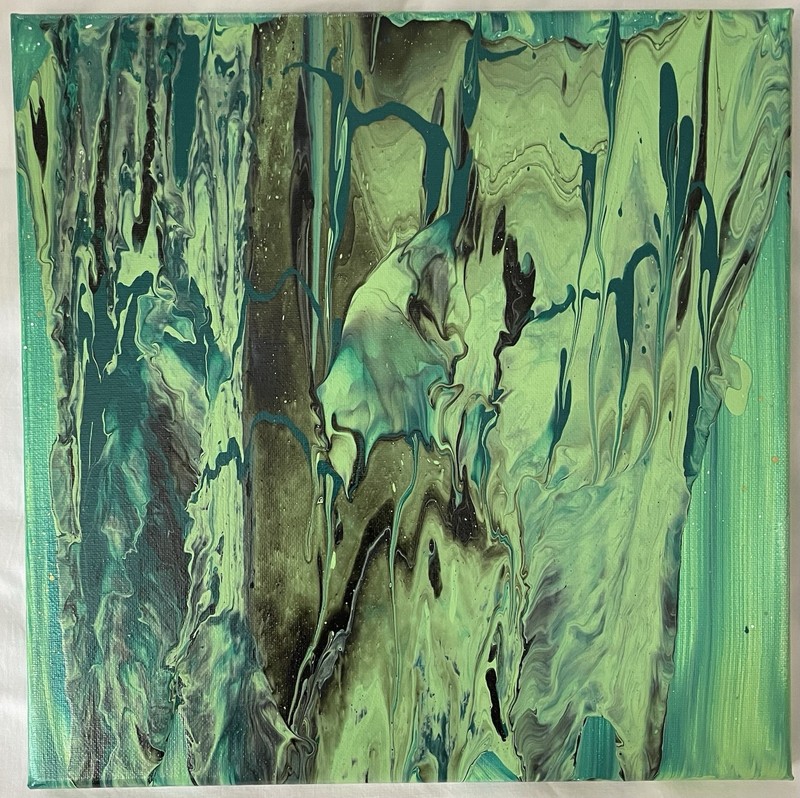 Abstract Acrylic Pour Painting Gold Green White Black Canvas 12×12 Signed Fish?
