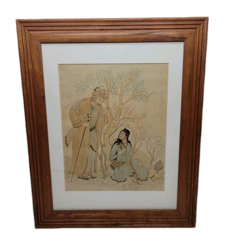 Vintage Indo Persian Miniature Hand Painted Watercolor Poetic Scene Framed Art