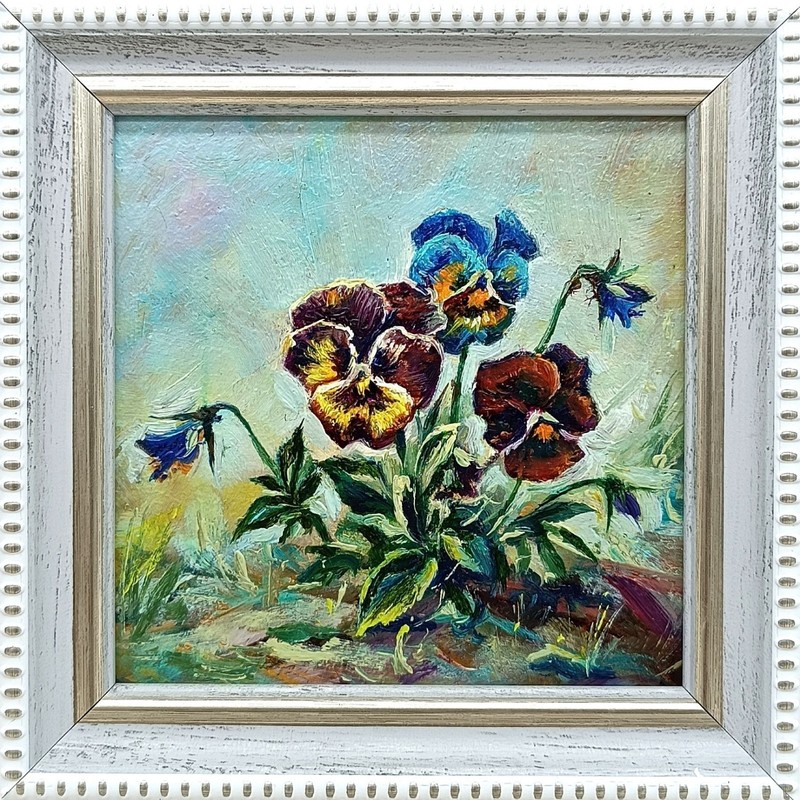 Pansy Flowers Original Oil Painting 4×4 Framed Signed Pansies Floral Art Gift