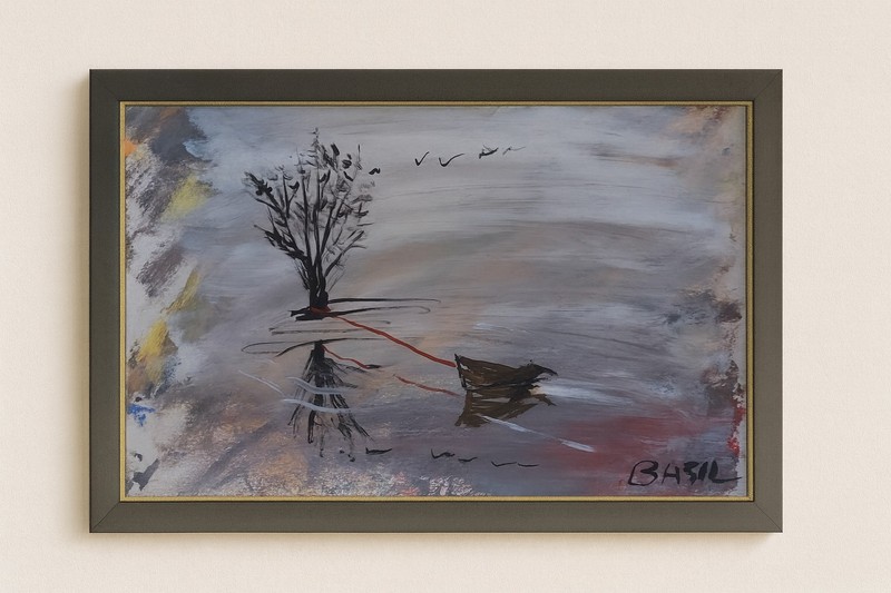 Original 11×14 Acrylic Landscape on Paper Lone Tree Boat Reflection Art