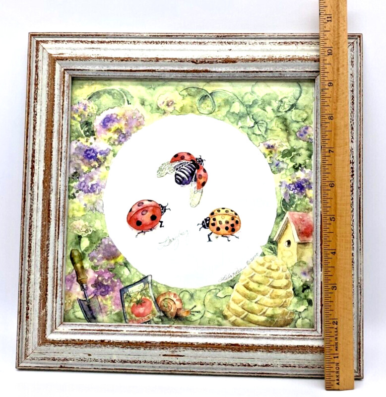 Original Watercolor Ladybugs Flowers Garden Signed VTG Framed Art 10.5" x 10.5" gallery