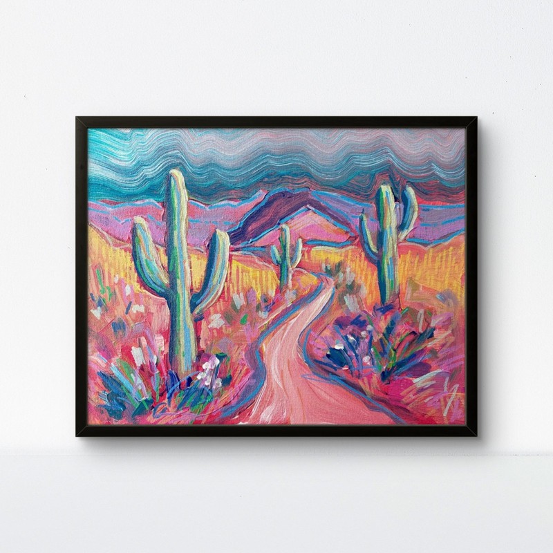 Original Abstract Desert Landscape Painting 8×10 Colorful Cactus Futuristic Art