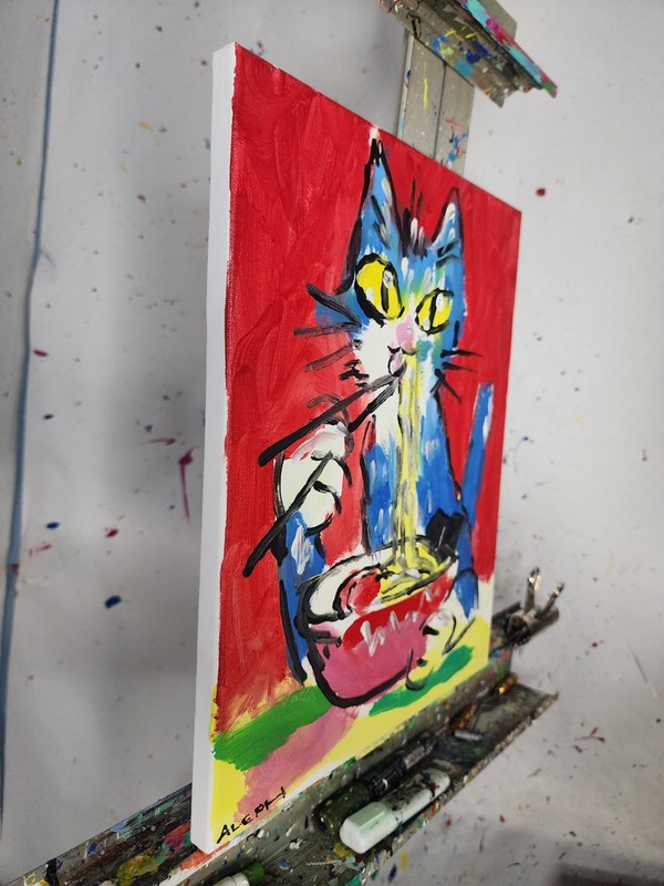 Original Cat Eating Ramen Painting Abstract Expressionist Canvas 11x14 Wall Art gallery