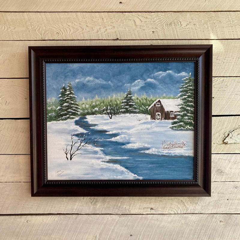 Bob Ross Style Primitive landscape oil painting frame trees house winter scene