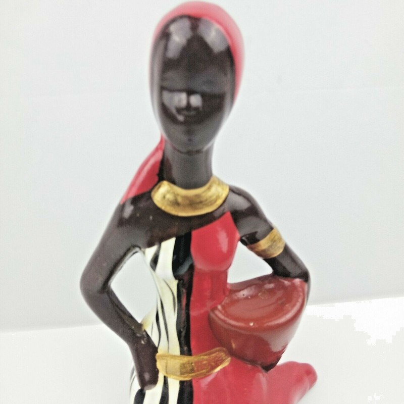African Folklore Ceramic Figurine Lady Sitting Down Red White Black Gold Painted gallery