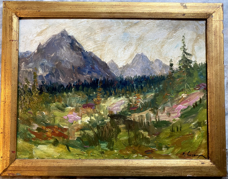 Oil painting landscape Alps around 1920 unreadable signed E. … frame spring