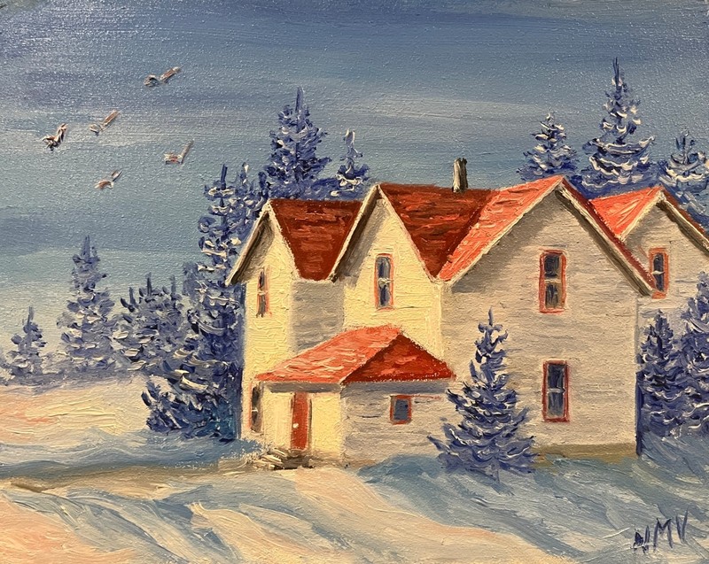 HOUSE WITH RED ROOF Original Oil Landscape Painting Country BARN SNOW SMALL Art