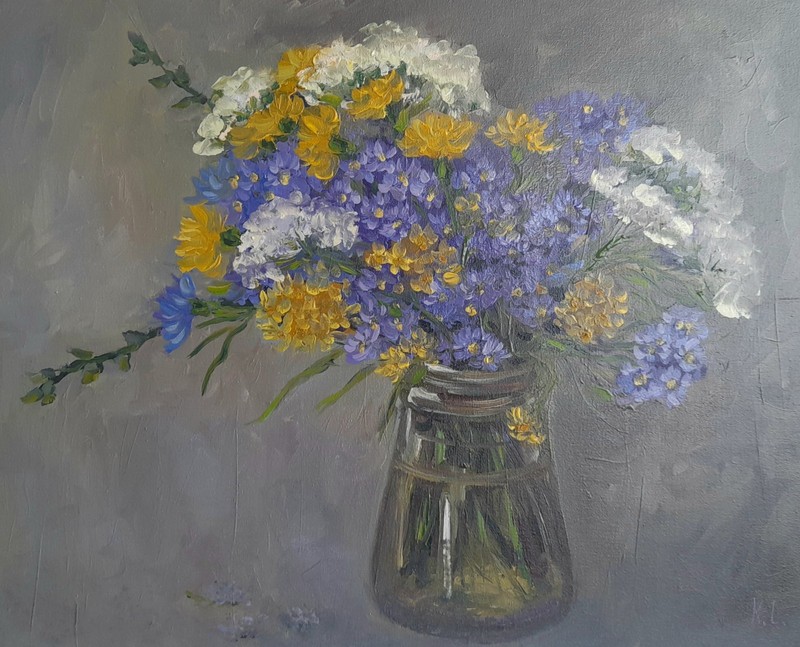 meadow flowers original oil painting, bouquet of flowers in vase, flowers art