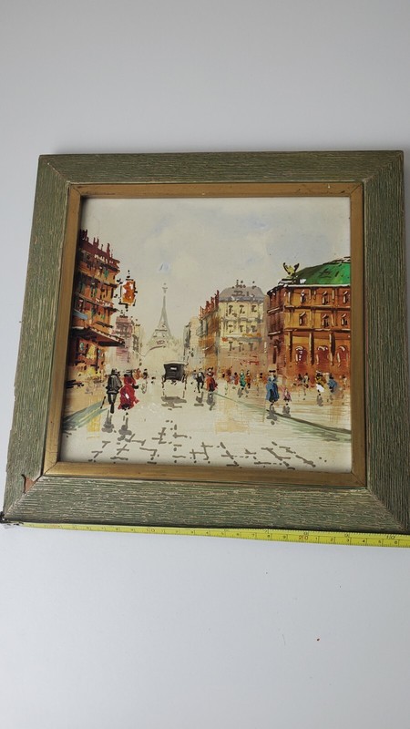 French Painting, Vintage Paris Street Scene on Tile Framed and Signed 10.5×10.5